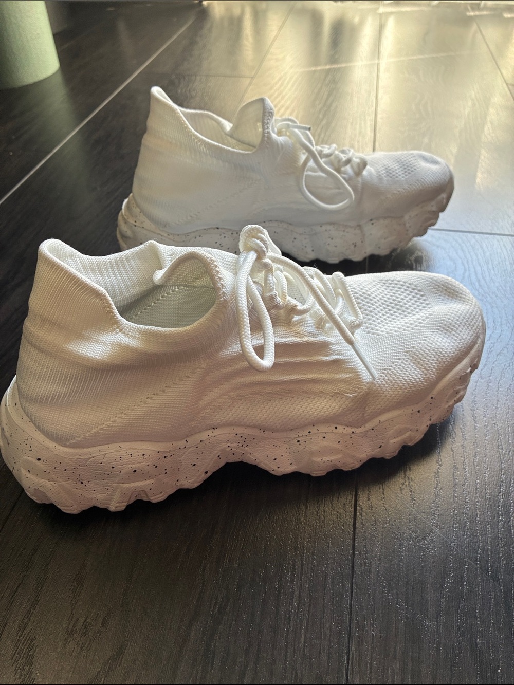 Women’s White Knit Lace-Up Sock Sneakers with Speckled Sole
